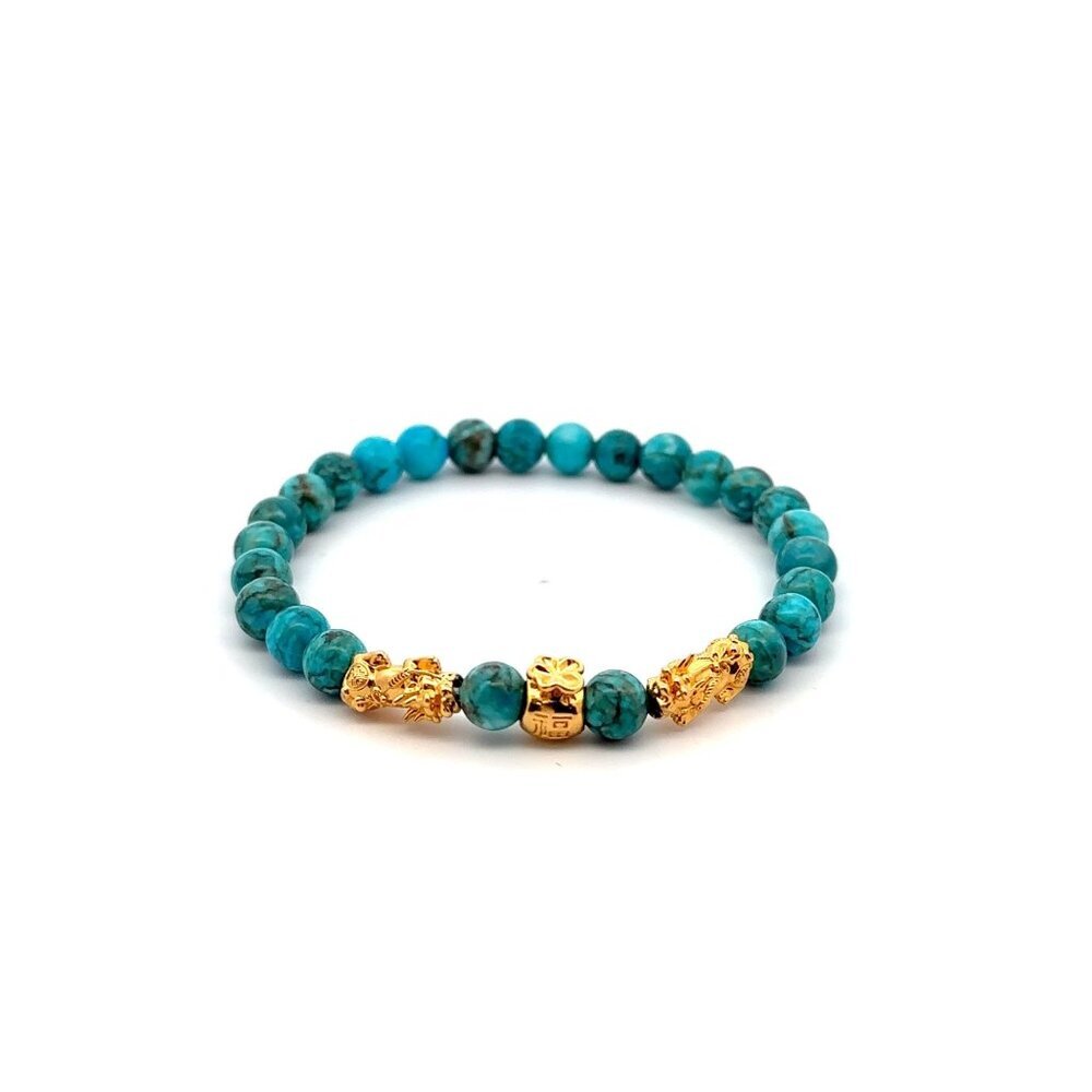 18k Gold Pixiu Double Piyao Money Bag Charm Bracelet Gemstone Turquoise 6mm